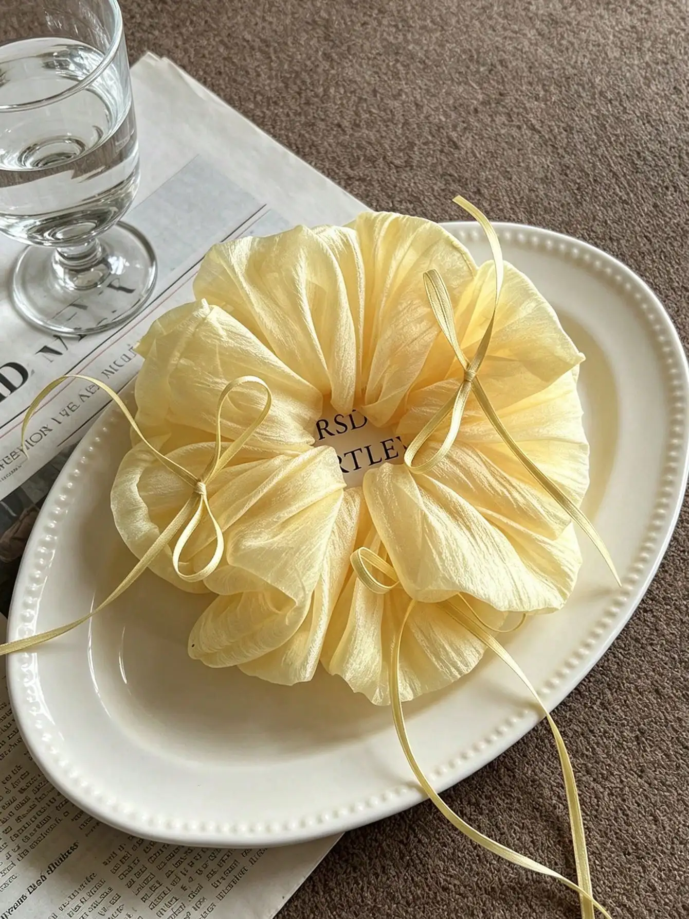 

1pc Ballet Ribbon Bow Yellow Chiffon Scrunchie, Elegant Soft Hair Tie For Women, Summer Ponytail Holders Hair Elastics Hair Rubber Bands Hair Rope