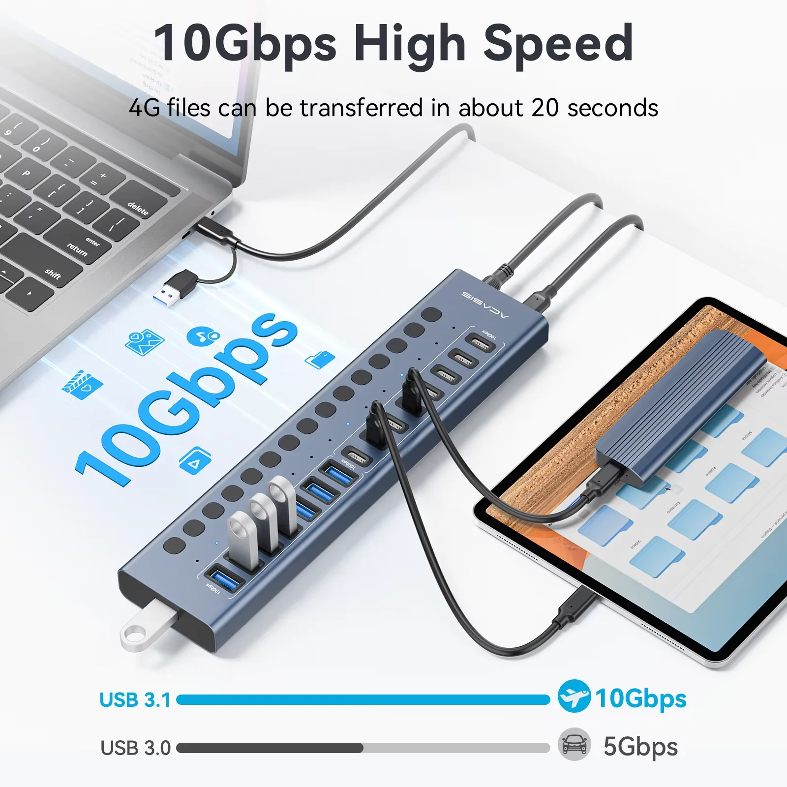 ACASIS USB 3.2 Gen2 10Gbps HUB Splitter Socket with USB-C USB-A 16 Ports Slot Plug On-Off Key Switch Dock Power Strip Adapter