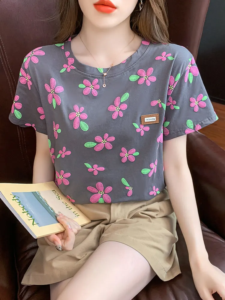 100% Cotton Floral Printed T-shirts for Women 2023 Summer Short Sleeve T Shirt Female Casual O-neck Tops Tees Tshirt