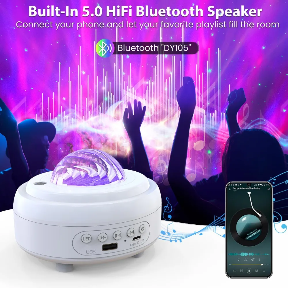 Sternprojektor mit Bluetooth-Audio – 2400 mAh Galaxy-Nachtlicht, Aurora-Projektor für Schlafzimmer, wiederaufladbare USB-Stimmungslampe