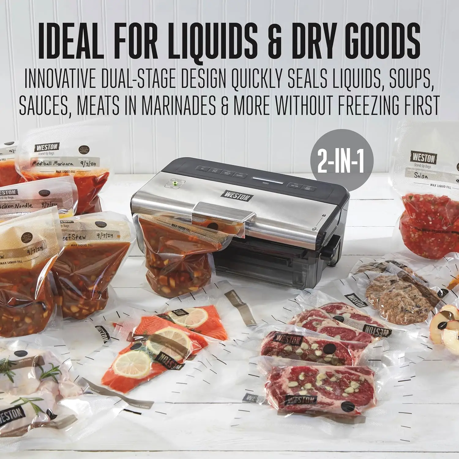 BRANDS Liquid & Dry Vacuum Sealer Machine With Date Code Stamp, Built-In Cutter, Pulse Button, Includes 2 Rolls + 6 Easy-Fill Ba