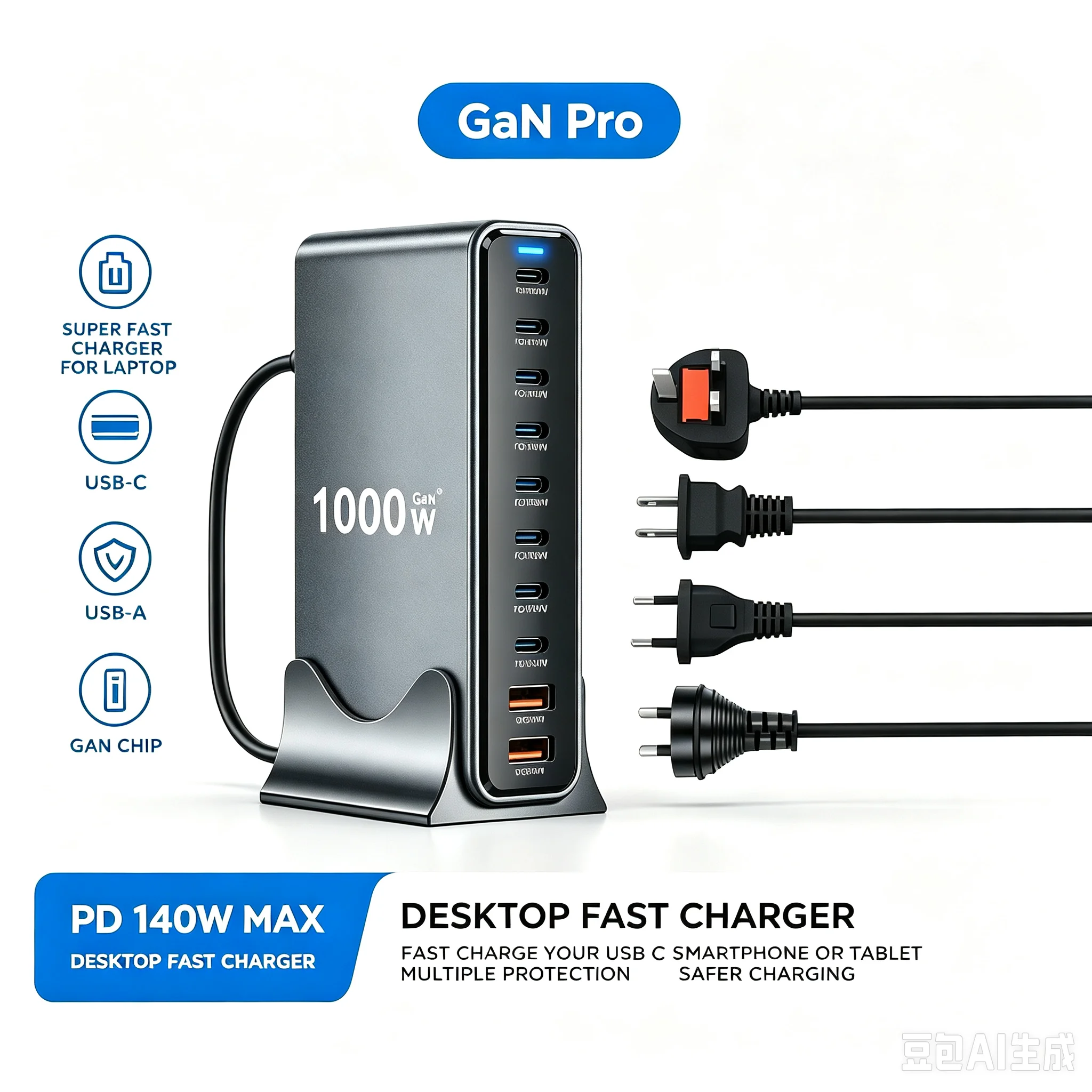GaN 1000W Max Charger 10‑Port Multi‑Port USB C PD Fast Charging PD GaN Power Adapter for Laptop Phone Tablet Multiple Devices