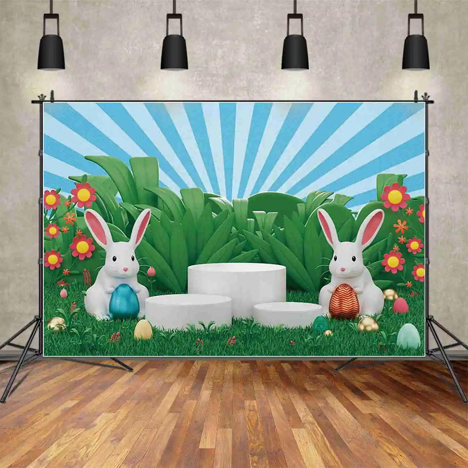 MOON.QG Happy Easter Mushroom Houses Background Photography Colorful Eggs Bunny Rabbit Backdrop Children Studio Photocall Props