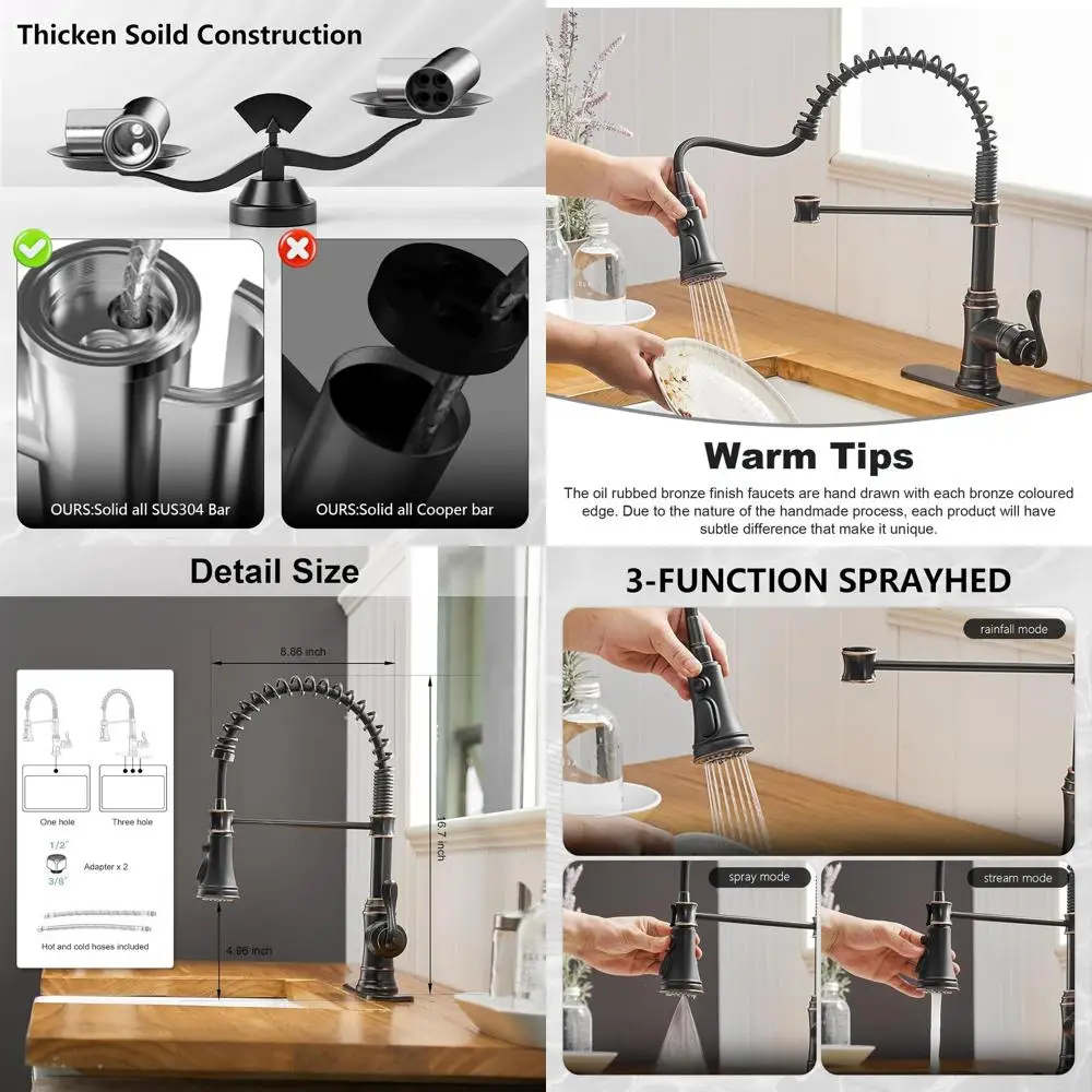 

Single Handle Pull-Down Sprayer Kitchen Faucet with Deck Plate, 3-Function High Arc Oil Rubbed Bronze Farmhouse Style