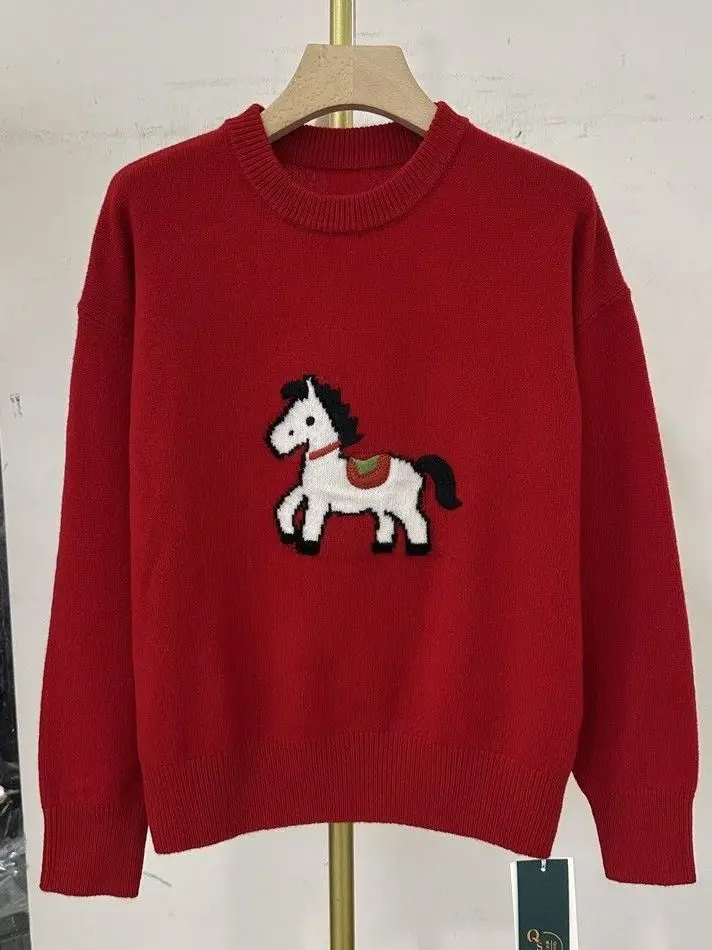 

Свитер унисекс с круглым вырезом и мультяшным принтом большого размера, осенне-зимний, новый, свободного кроя, красный, на Новый год