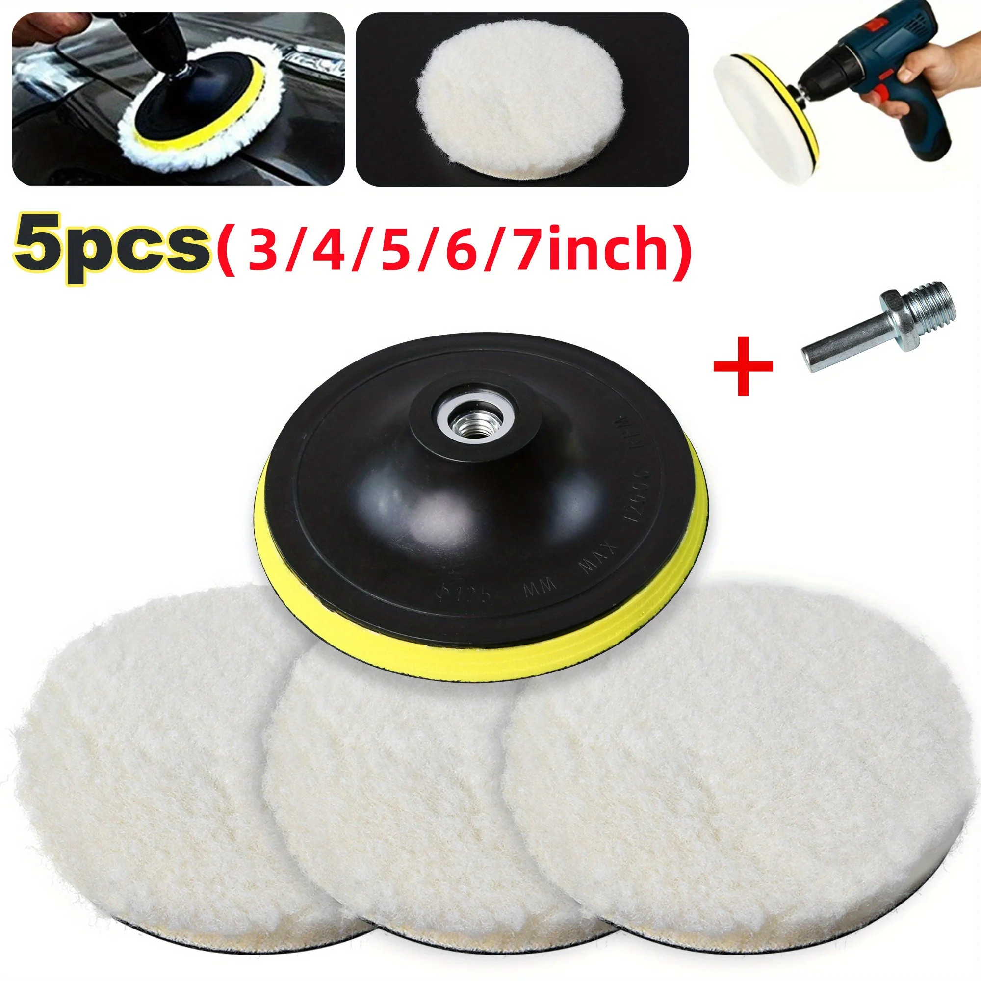 5PCS 7/6/5/4/3inch Car Polishing Waxing Buffing Wheel Pad Car Polisher Kit for Auto M10/M14 Drill Connector Car Paint Care