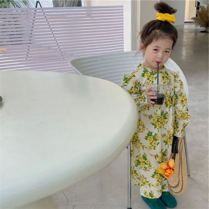 Hnq-Children's Floral Dress Autumn Girls Long Sleeve Skirt Children Shirt3-8Children's Clothing One Piece Dropshipping