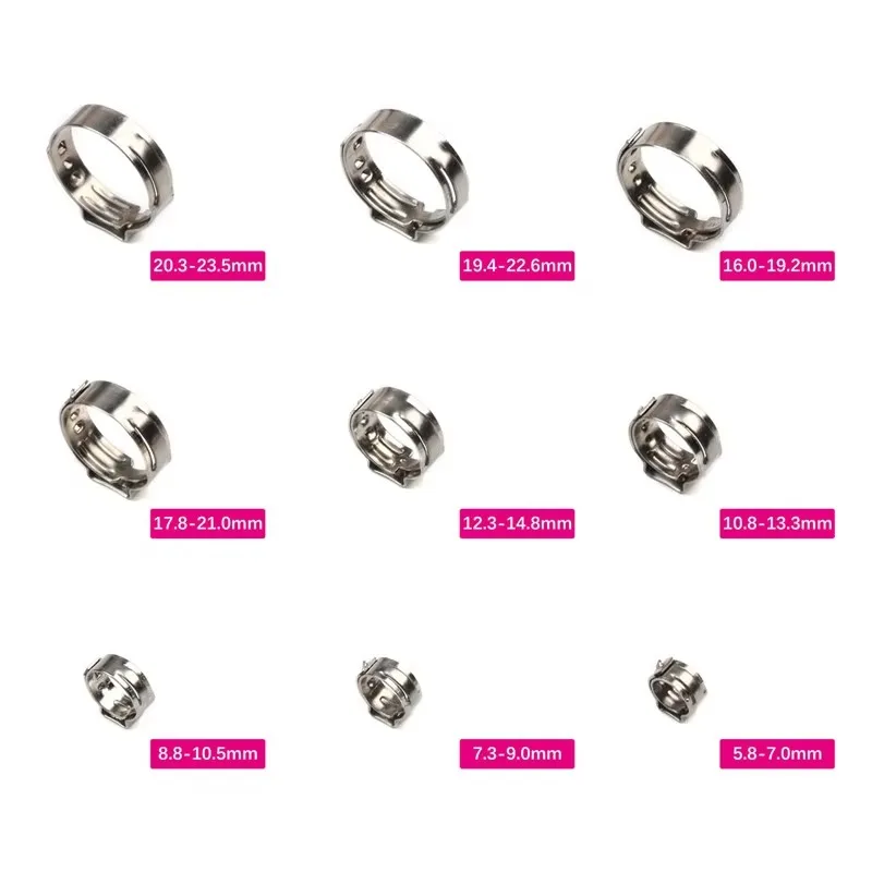 25pcs Hose Clamps Single Ear Stepless 5.8-23.5mm 304 Stainless Steel Hose Clamps Cinch Clamp Rings for Sealing Kinds of Hose