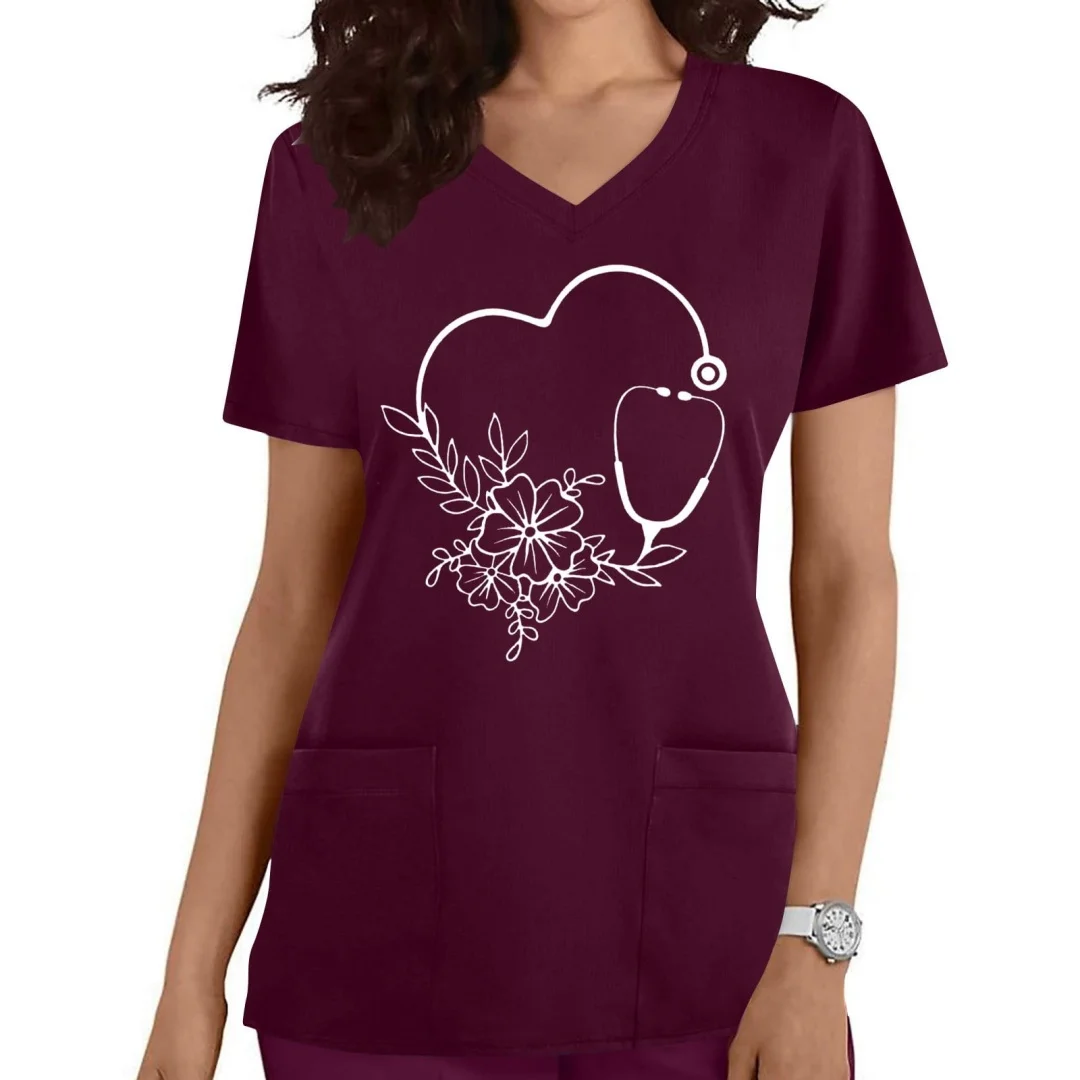 

Scrubs Medical Uniforms Women Love Patter 3D Print Nurse Top Pet Groom Uniform Short Sleeve Carer Clothing New Year Supplies Top