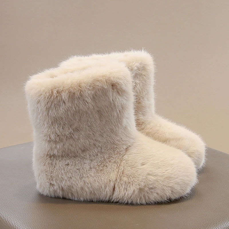 

2026Luxury Thick Fur Boots Kid Girl Fluffy Warm Plush Booties Child 2026 Winter New Round Toe Slip-on Outdoor Cotton Shoe23-34