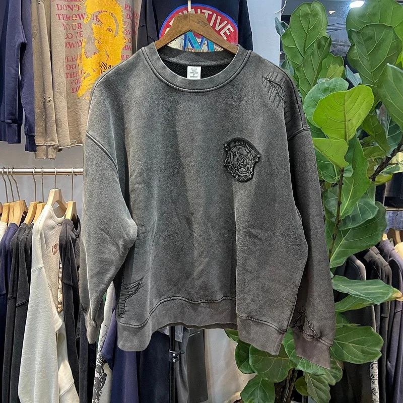 

Ретро американская вышитая лоскутная толстовка Fce round Ne, мужская свободная модная брендовая толстовка большого размера, удобная посадка