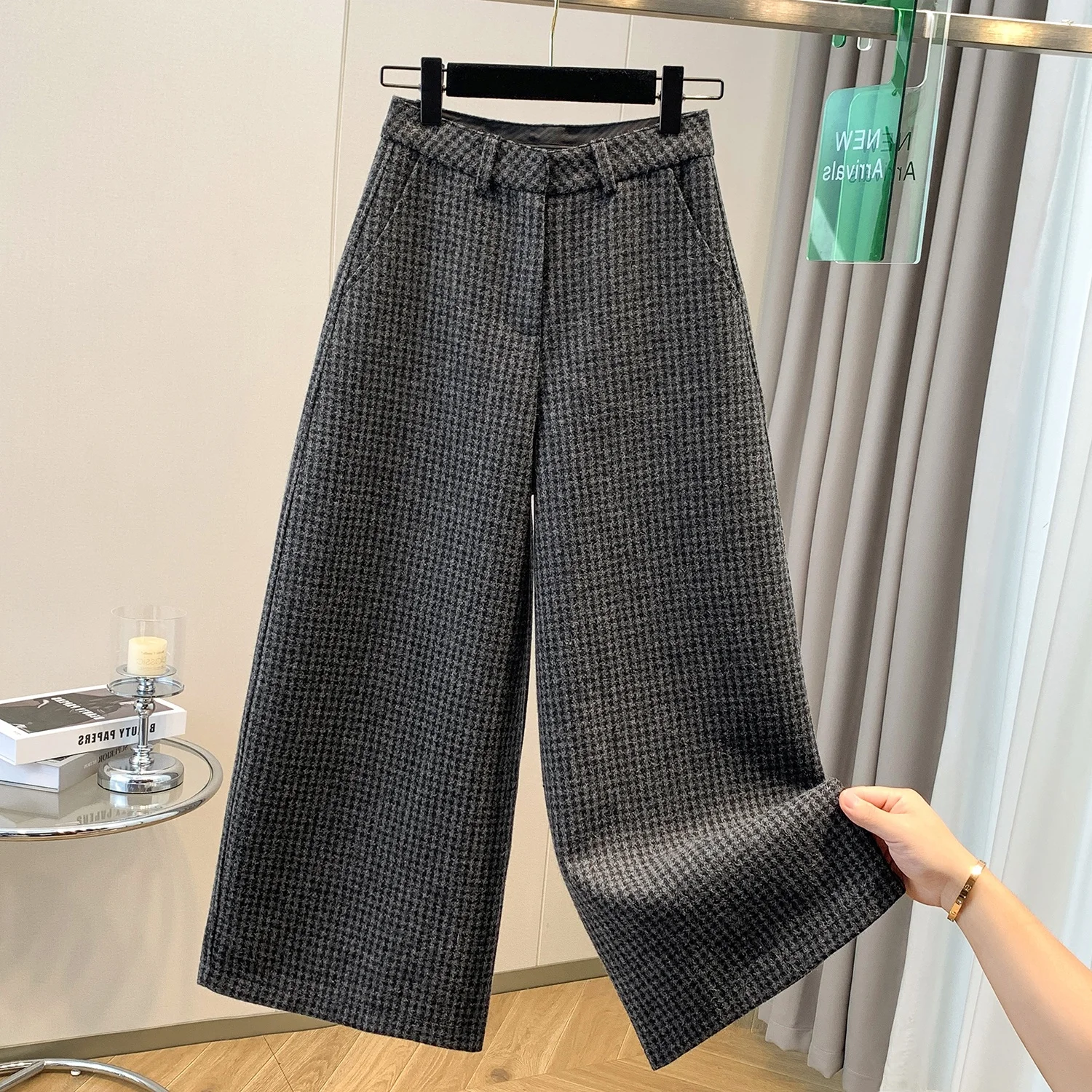 

Thiened шерстяные клетчатые широкие брюки больших размеров, женские осенне-зимние свободные модные повседневные утягивающие брюки с девятью точками