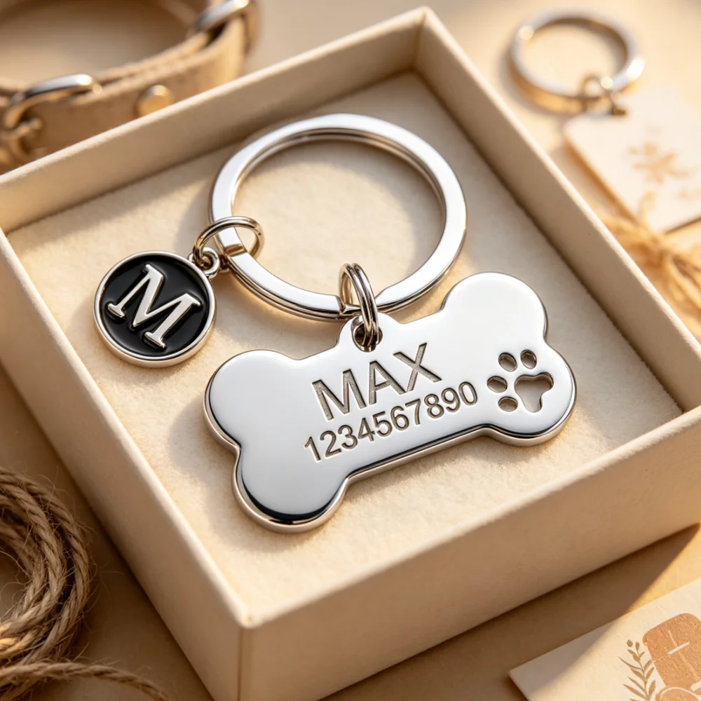 Custom bone stainless steel pet ID tag with engraved name & number initial charm accessory, anti-lost dog cat identification tag