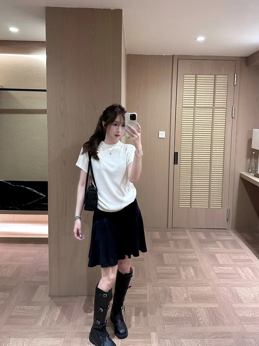

Fashionable White Casual Half High Collar Short Sleeve T-Shirt And High Waist Skirt Two Piece Set for Women Summer Outfit