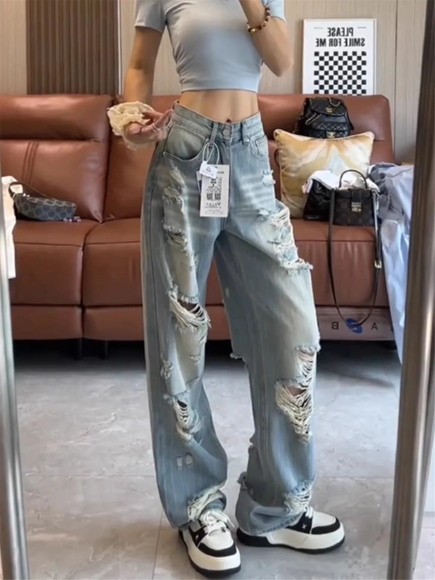 

American Vintage High Waist Skinny Stretch Jeans Women Summer Thin Straight Leg Long Length Ripped Cotton Casual High Heel