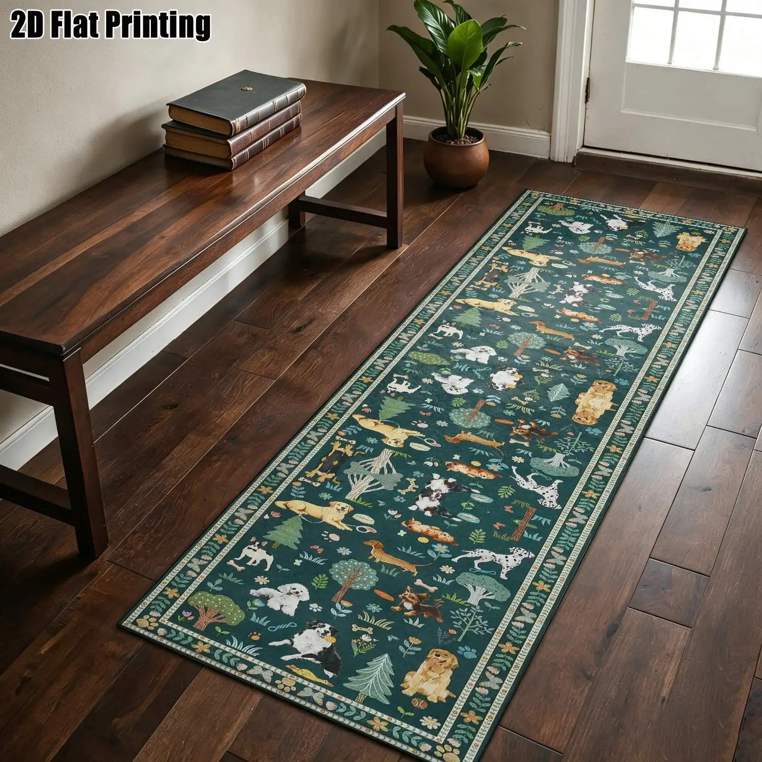 1Pc 2D Printed Deep Green Animal Pattern Long Strip Runner Carpet, Nordic/Instagram/Modern Minimalist/European Style, Home Decor, Multi-Size, Machine Washable, for Entrance, Hallway, Bedroom, Living Room