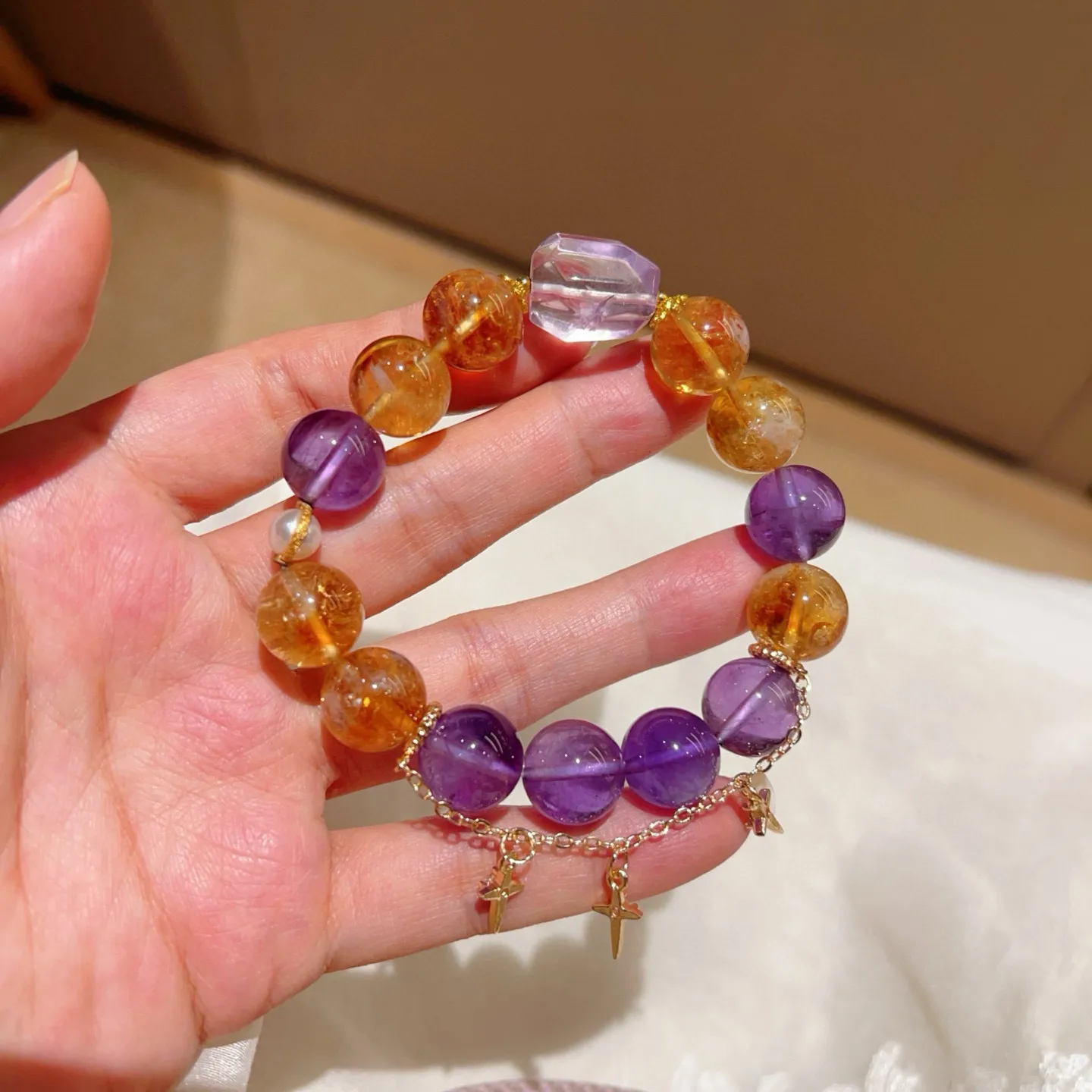 Natural Amethyst Citrine Bracelet, Color Clash Design Style, Good Luck Charm Bracelet