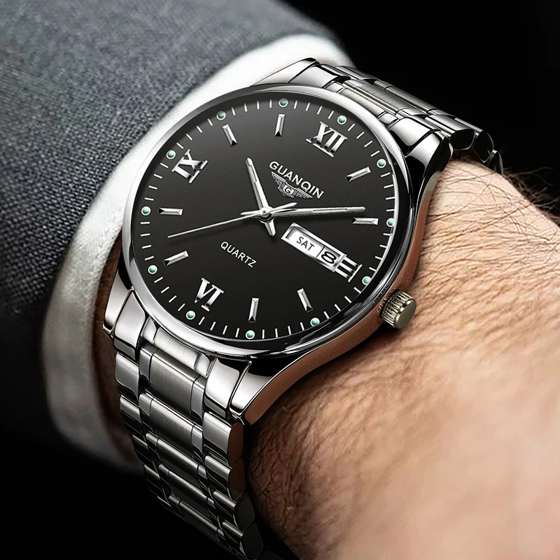 Luxury Men Quartz Watch GUANQIN Brand Stainless Steel Case Date Week Business Leisure 50M Waterproof Luminous Wristwatches