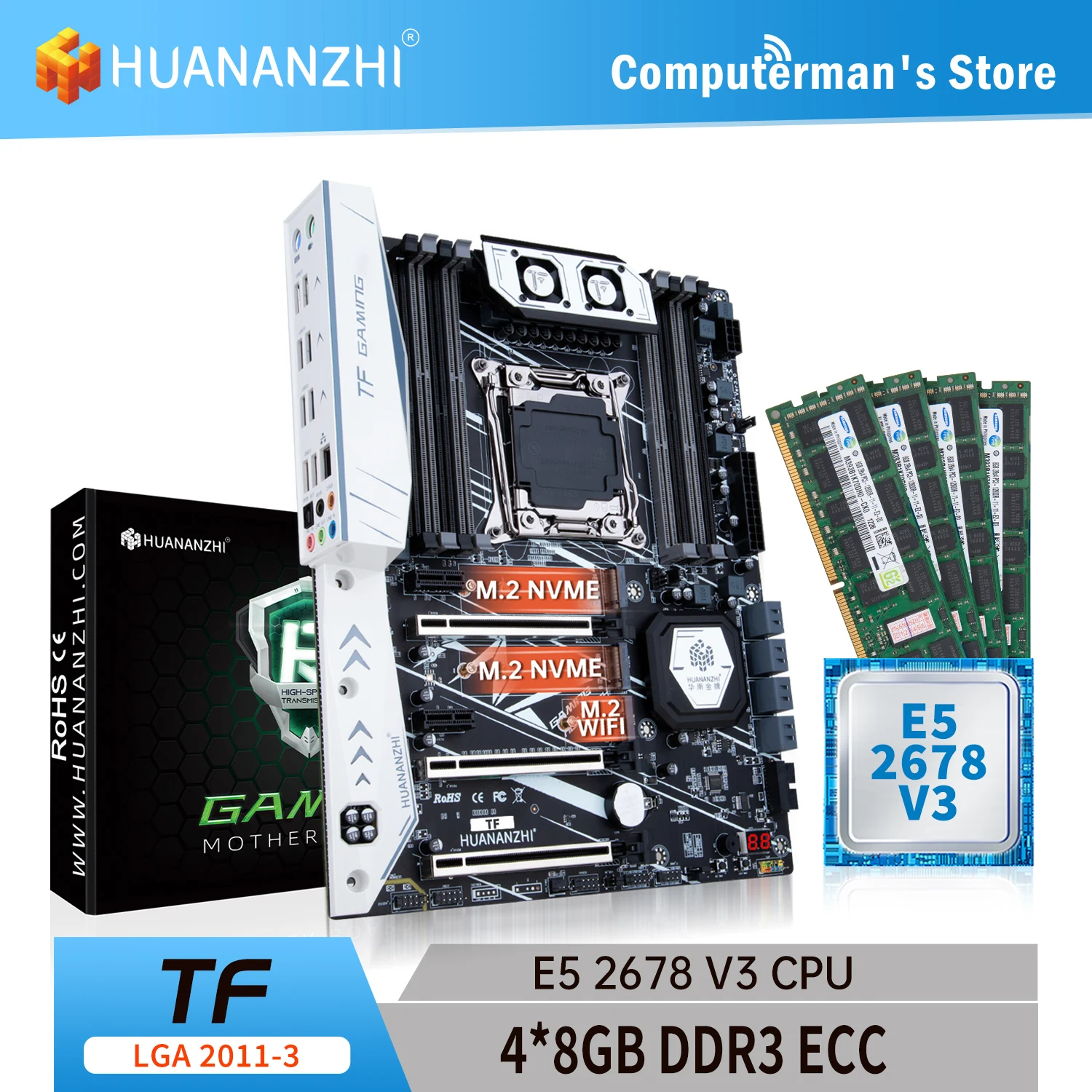 HUANANZHI TF LGA 2011-3 Motherboard combo kit set CPU Intel XEON E5 2678 V3 Memory 4*8G DDR3 RECC 1600 memory M.2 NVME USB ATX