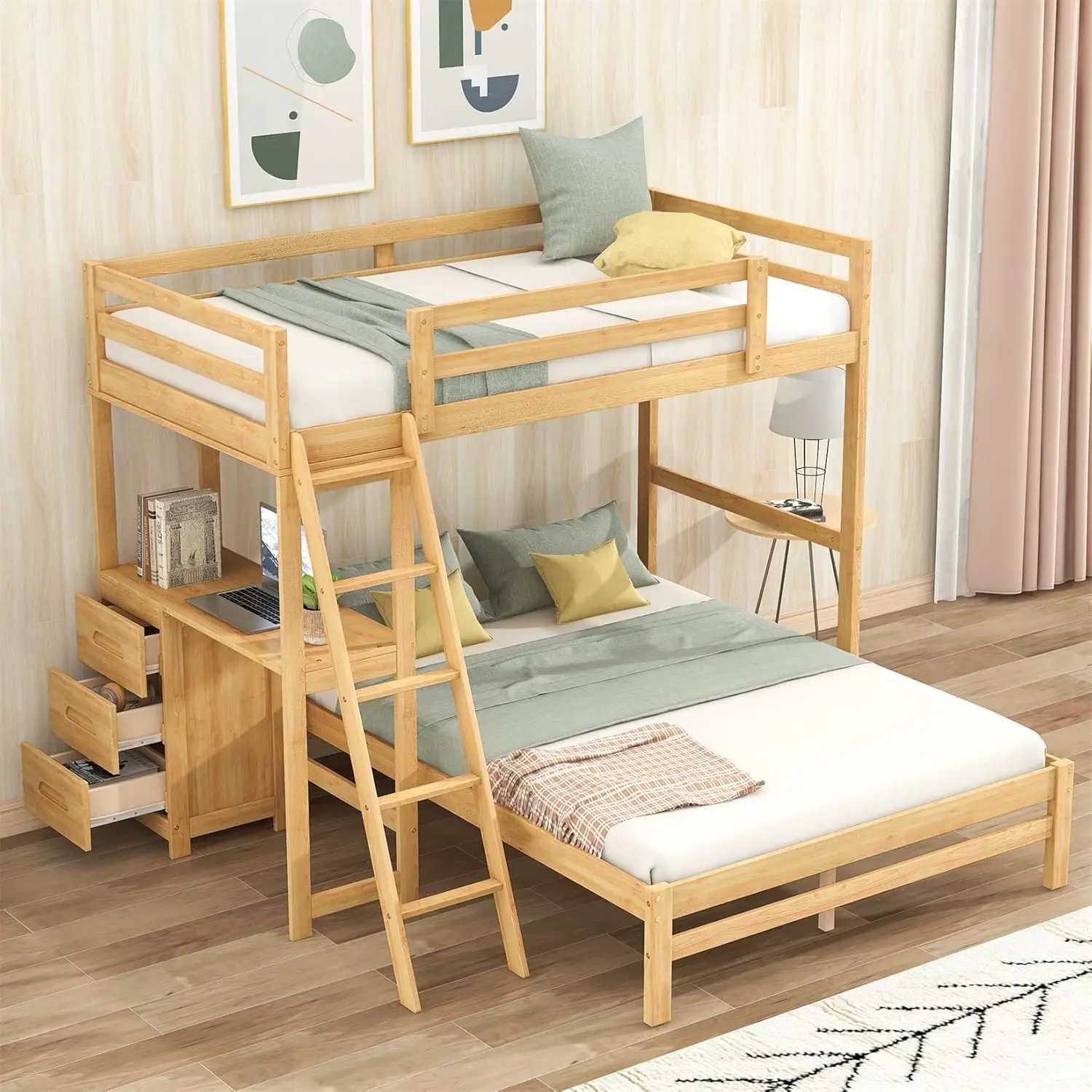 Litera doble sobre cama completa con escritorio y cajones de almacenamiento, camas tipo loft convertibles de madera que se pueden separar en 2 literas para niños