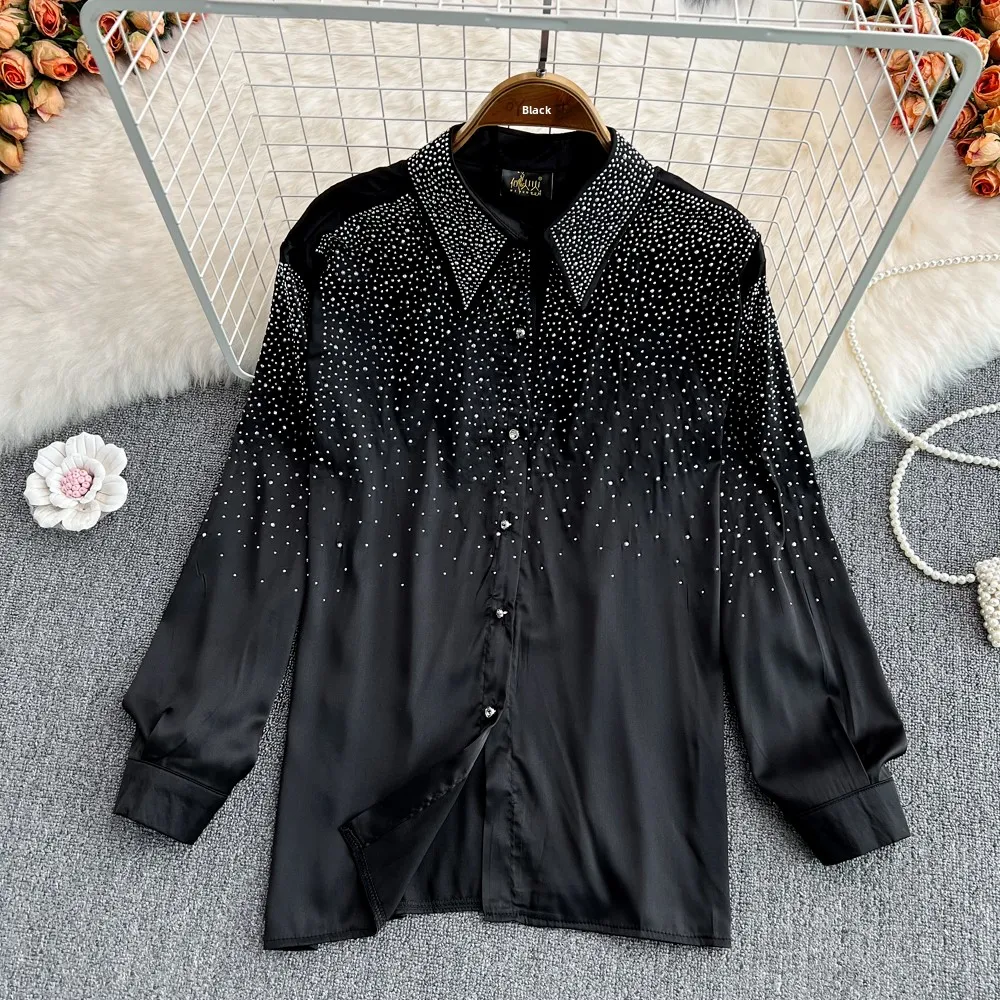 

Spring Faion Single Button Loose Long Sve Women's irt Ele Diamond Embellied Korean Sle Office Wear Pure Color