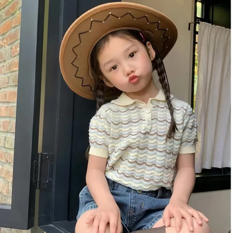 Baby Girl's Summer Hollow Polo Shirt with Bubble Sleeves Striped Knitted Top New Style Children's Clothing