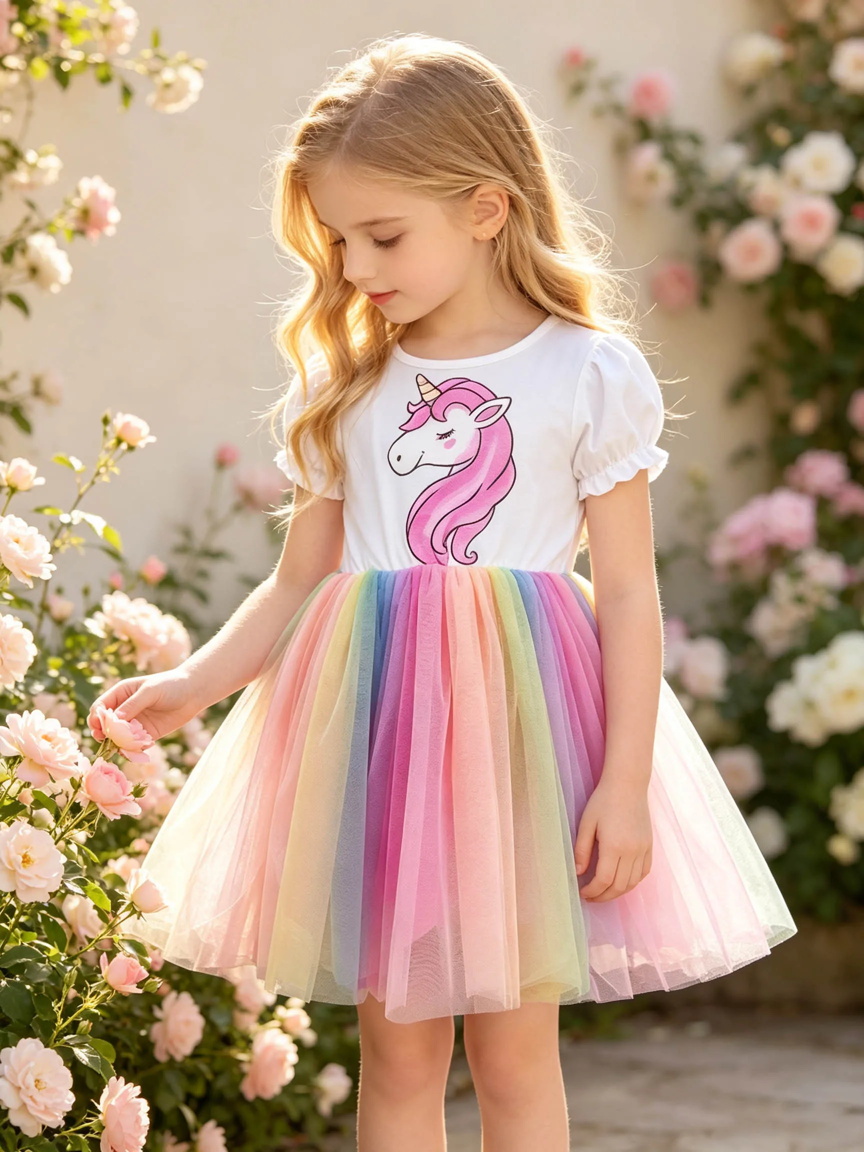 Little Girls' Pink Mane Unicorn Puff Short-Sleeve Dress, Macaron Rainbow Gradient Tulle Fluffy Princess Skirt