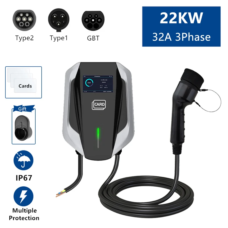 Type 2 EV Charging Station IEC62196 J1772 GBT 22KW 32A 3Phase Electric Vehicle Car Charger Wallbox Type 1 GB/T with APP Cards