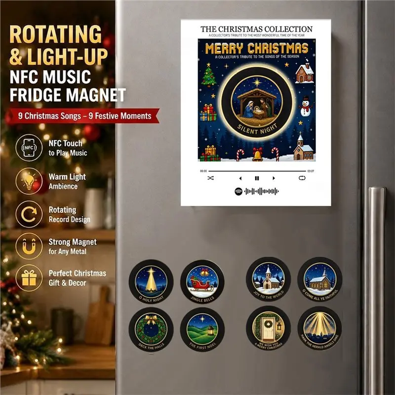 ABFS Xmas Fridge Magnet Touch To Play Music Magnetic Vinyl Record Player Built-In LED Night Light Christmas Fridge Decoration