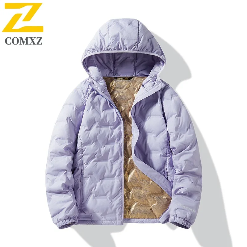 

COMXZ 2025 Unisex Down Jacket Men Women Loose Fit Lightweight Fashion Coat Eider Fill Graphene Heating Hooded Parka Winter Warm