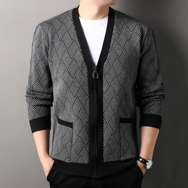 

Личность ромбики жаккарды молнии кардиган трикотаж V воротник комфортабельный модный карман свитер пальто осенняя новая Высокий уровень мужская одежда