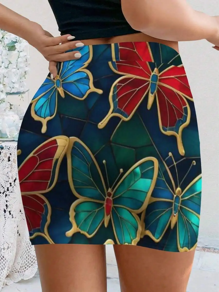 Women Summer Bodycon Micro Skirt Stained Glass Butterfly Print Red Blue Teal