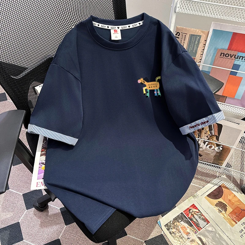 

Pure Cotton ort Sve T-irt Men's Women's Patchwork Stripe Embroidery Loose Fit Youthful Summer Casual round Ne Top