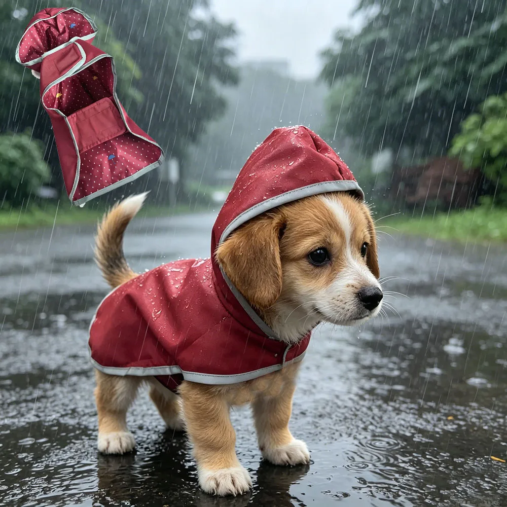 Reversible Dog Raincoat Hooded Poncho Rain Jacket Double Sided, Built-in Leash Hole, Reflective Safety Strips, for Small to Extr