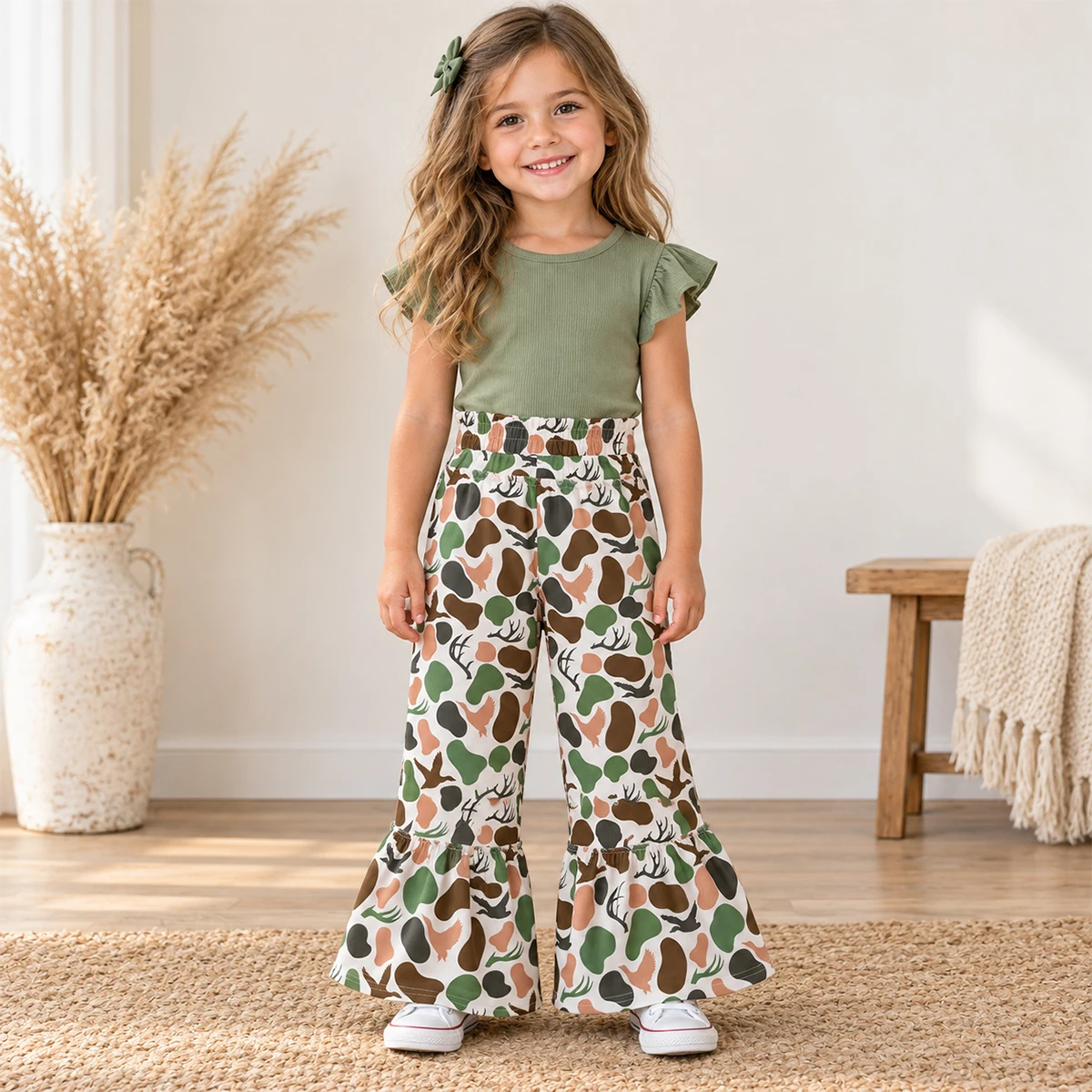 Baby Girl Clothes Cute Green Brown Camo Deer Ducks Hunting Ruffle Flare Pants Bottom Children Toddler Kids Clothing Wholesale