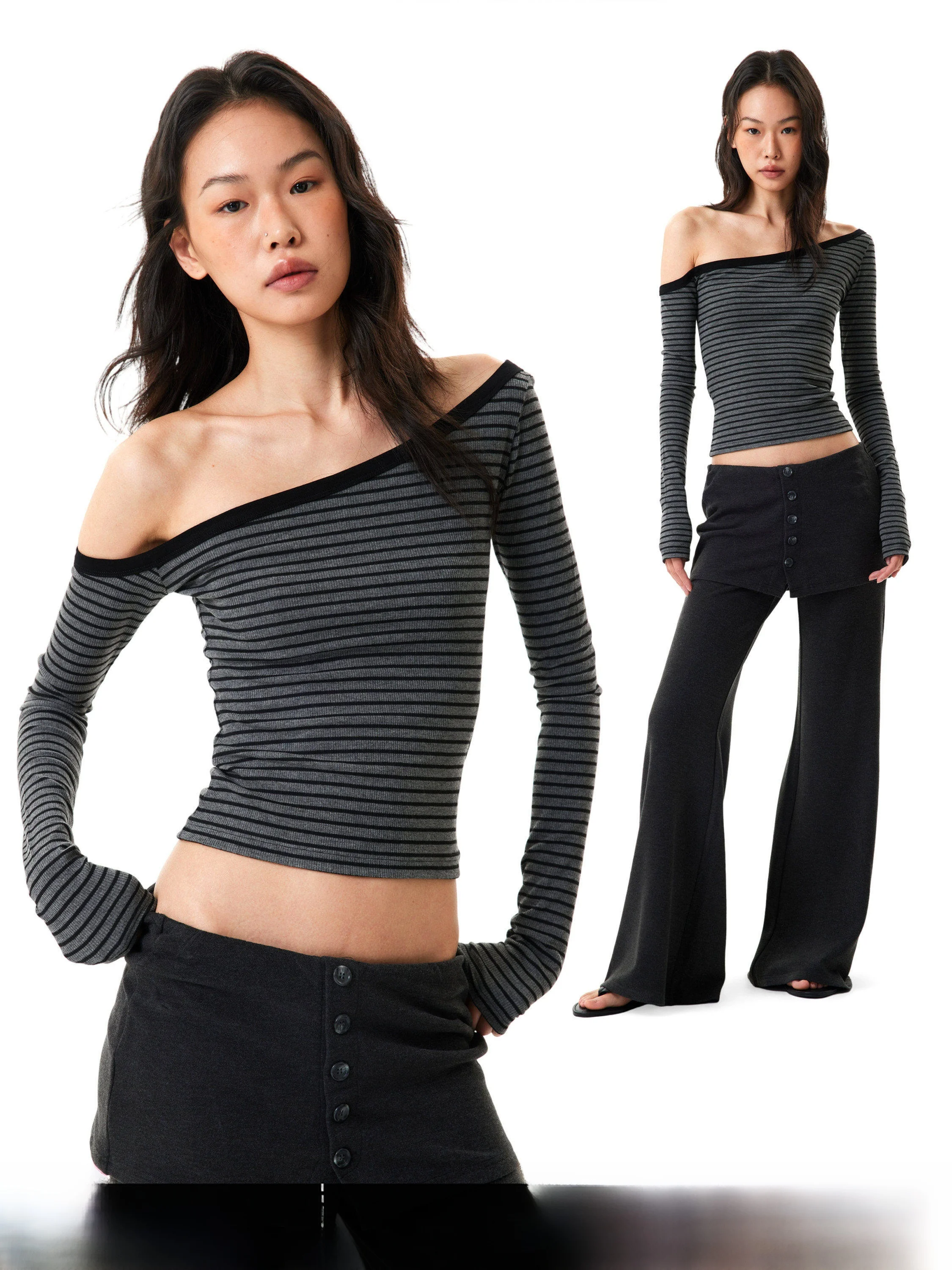 Gogo Burn American Style Long Sleeve Shoulder Bared Slant Collar Slim Fit Women's T-Shirt Casual Style Striped Short Top