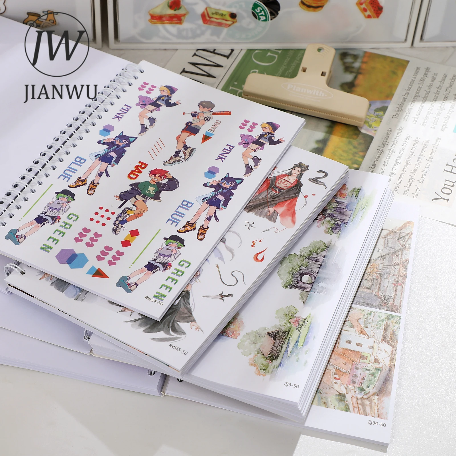 JIANWU 50 Pages/book Japanese Style Flower Character Landscaping Material Sticker Book Creative DIY Journal Collage Stationery