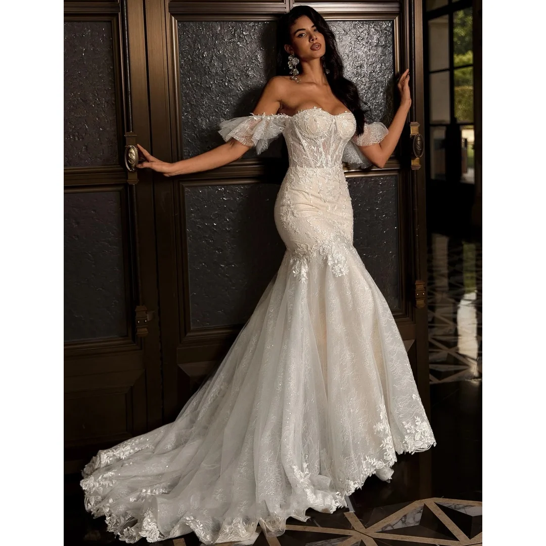 

Mermaid Wedding Dresses Transparent Corset Vestido de Novia Lace Appliques Second Reception Gown Customized Robe De Soirée