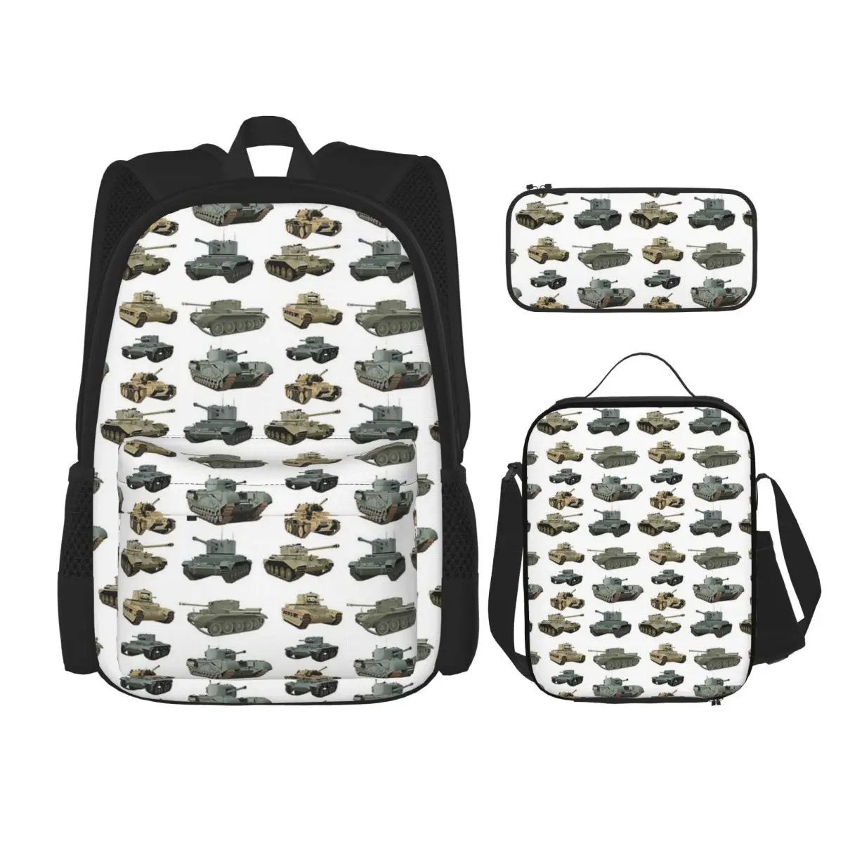 Various British WW2 Tanks Backpacks Boys Girls Bookbag School Bags Rucksack Lunch Bag Pen Bag Three-Piece Set