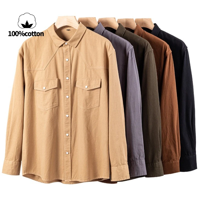 100% Cotton Workwear Shirt Jacket, Korean Snap Button Design, Enzyme Wash Vintage, Khaki Black Grey Beige S-4XL​
