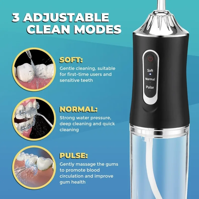 Oral Irrigator Portable USB Rechargeable Dental Water Flosser Water Jet Floss Tooth Pick 4 Jet Tip 220ml 3 Modes IPX7 Waterproof image 5