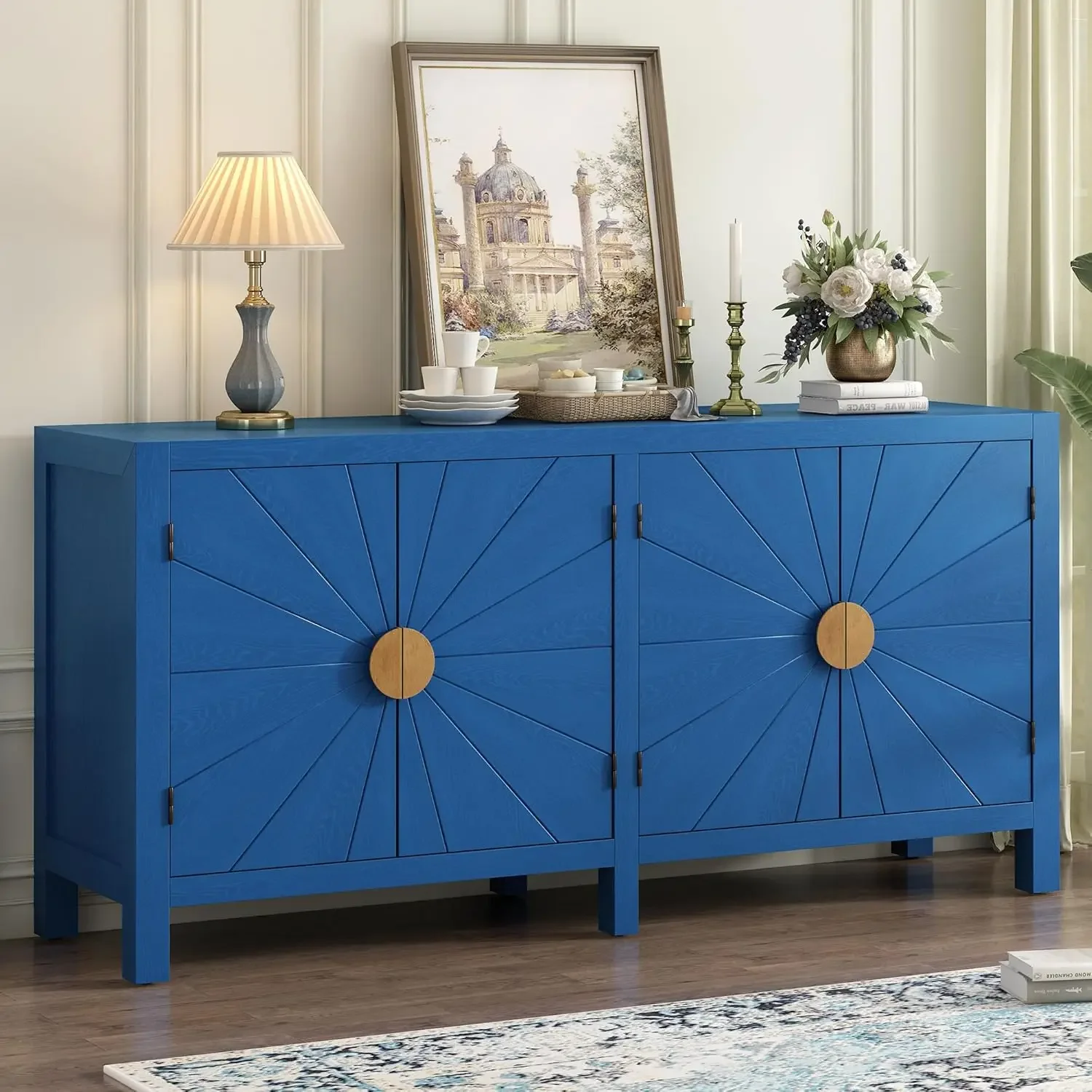 Modern Entryway Console Table with 4 Radiating Line Pattern Doors and Metal Handles,Wood Accent Buffet Sideboard Serving Storage