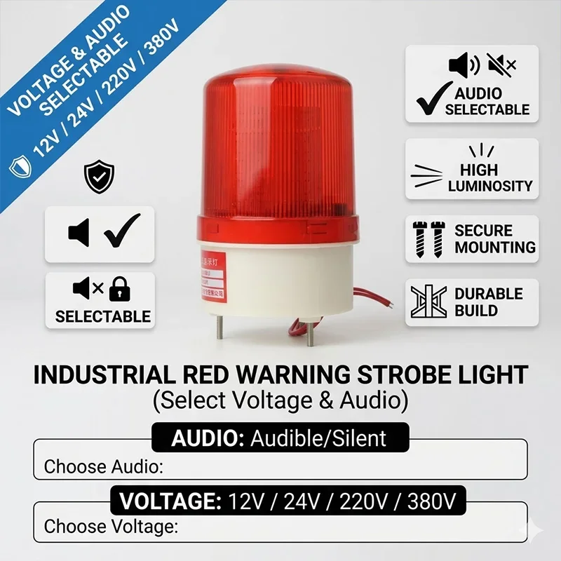 Industrial LED Warning Light 12V 24V 220V 380V Red Strobe Signal Lamp with Buzzer/Silent Option Emergency Beacon for Machine