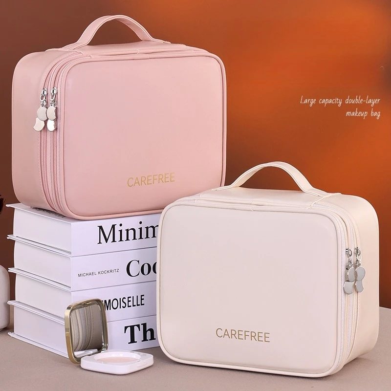 Waterproof PU Leather Ladies Makeup Bag Double Zipper Cosmetic Organizer Portable Travel Cosmetics Divided Storage Hand Pouch