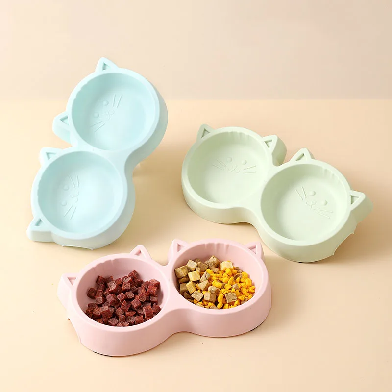 Pet Supplies Pet Cat Double Bowl Material Cartoon Cat Face Shape Food Water Feeding Bowl Non-slip Puppy Cat Feeder Accessories