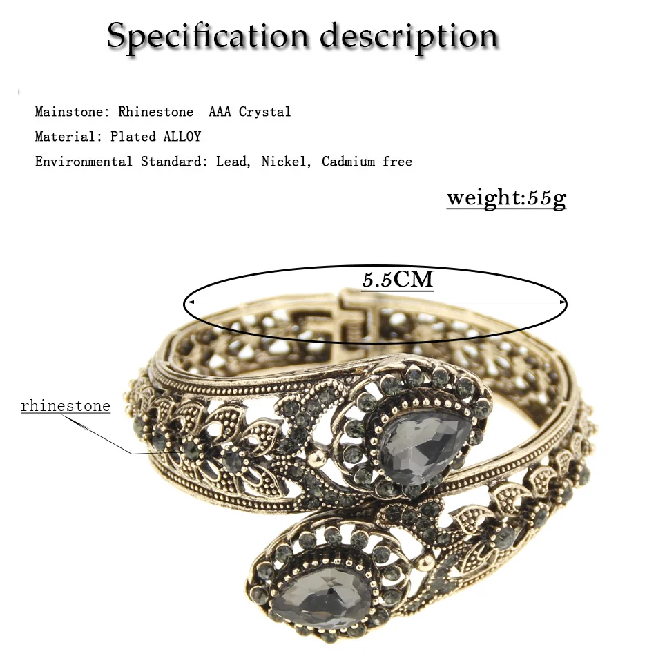 Sunspicems Elegent Turkish Women Bracelet Gray Crystal Bohemia Bangle Antique Gold Color Hollow Flower Indian Jewelry Bride Gift