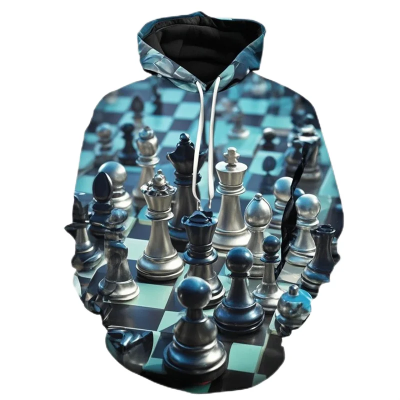 3D Printed Fashion Chess Hoodies For Men Funny Chessman Graphic Pullovers Casual Hooded Oversized Tops Sweatshirts Long Sleeves