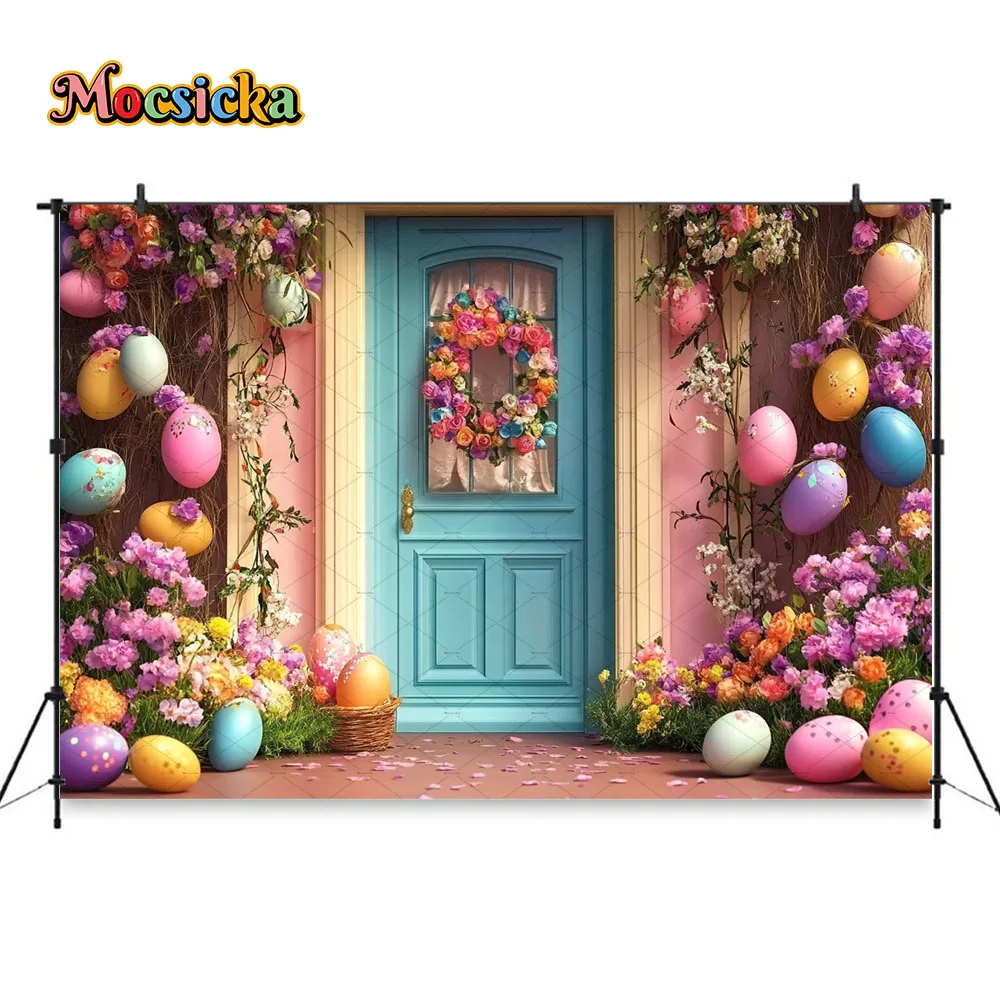 Mocsicka Primavera Pasqua Sfondo Fotografia Uova colorate Fiore Porta in legno Sfondo Kid 1° compleanno Torta Smash Photo Studio