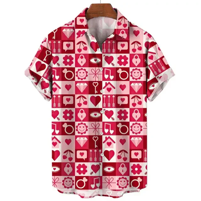 Camisa hawaiana con estampado 3d para hombre, camisa informal de manga corta con solapa, para vacaciones y Día de San Valentín, a la moda, novedad de verano