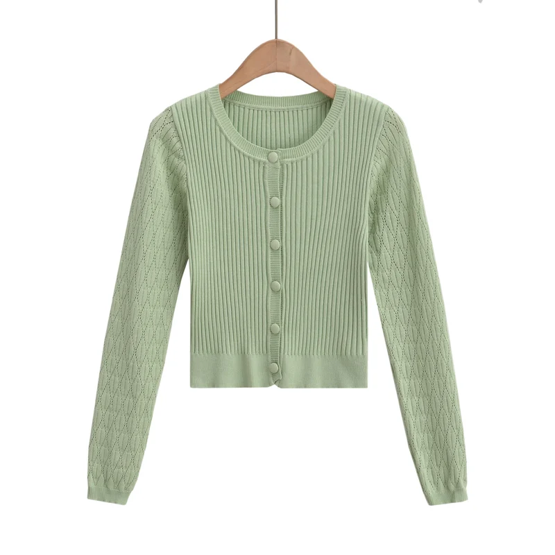 Korean fashion crop cardigan woman sexy cropped sweaters for women 2024 Fall fashion pink cardigans long sleeve top green